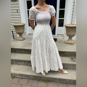 Smocked maxi flora puff sleeve dress S